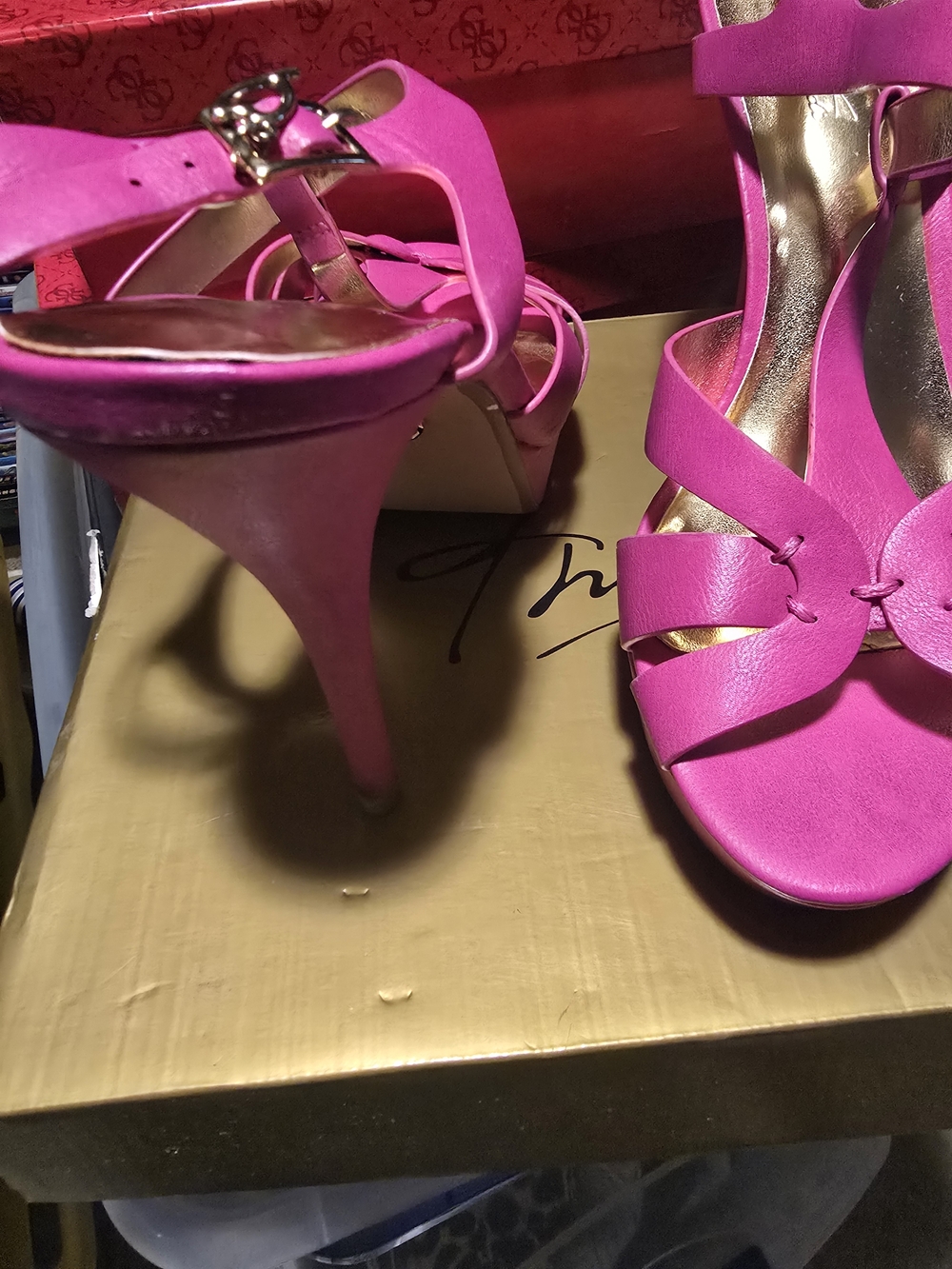 Women's Bright Pink Strappy High Heel Sandals with Ankle Buckle
